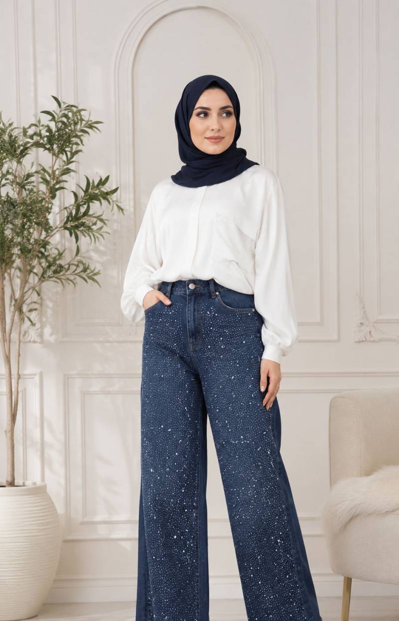 شلوار جین شافل فول نگین
