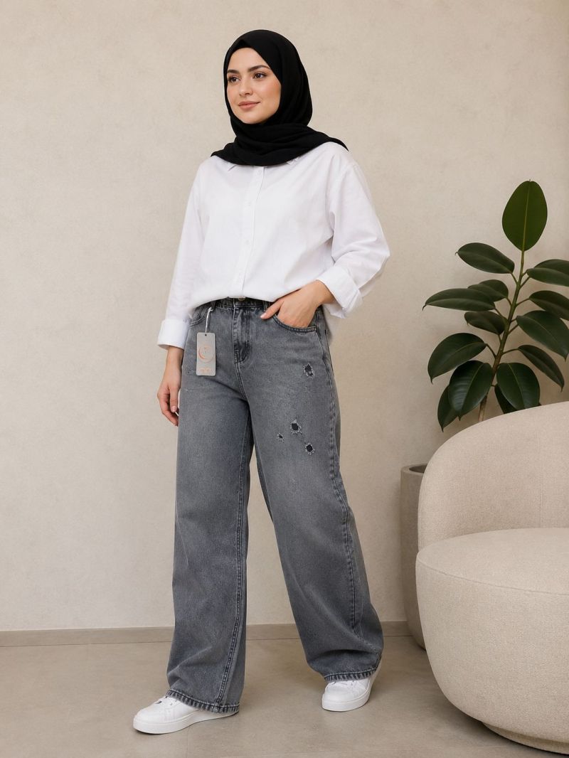 شلوار جین نیم بگ کمر ساده ( طوسی تیره )