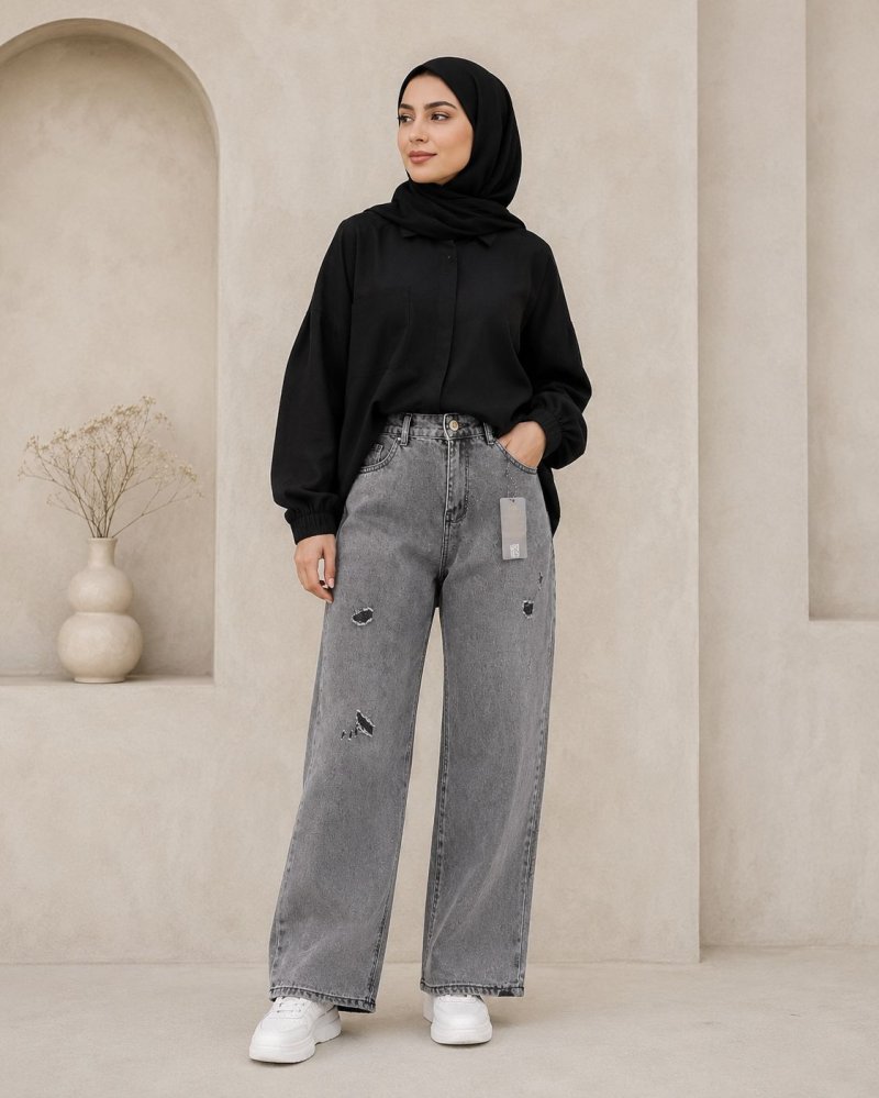 شلوار جین نیم بگ کمرکش ( طوسی روشن )