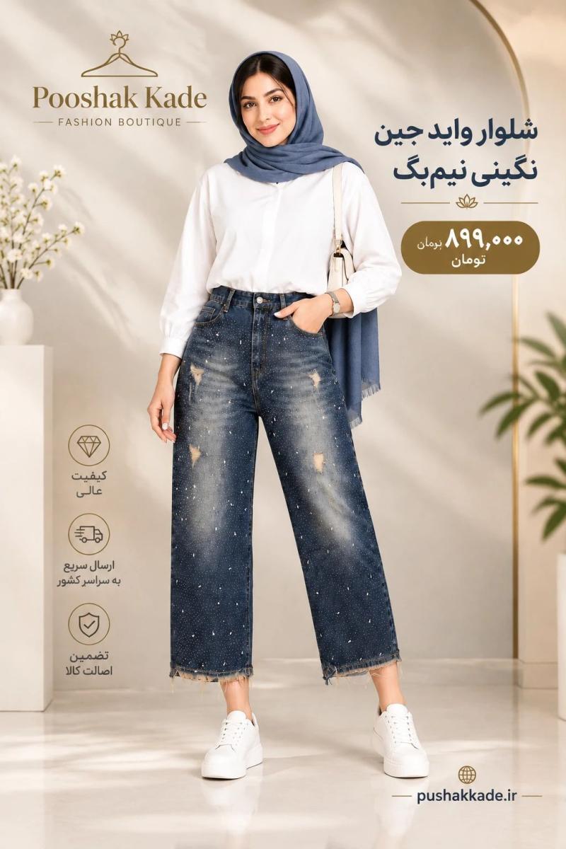 شلوار واید جین نگینی نیم بگ